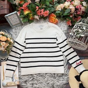 Cupcakes & Cashmere White and Black Stripe Love Sleeve Sweater, XS